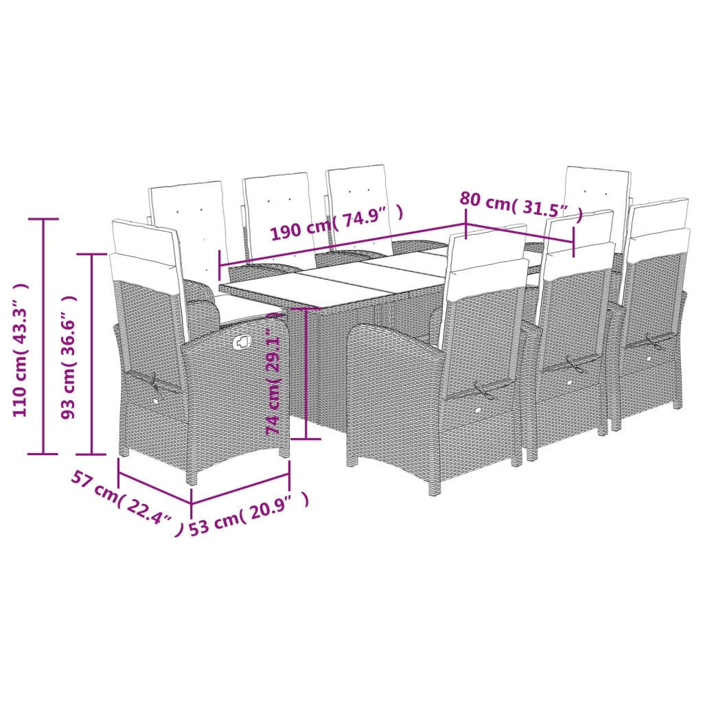 Set Pranzo da Giardino 9pz con Cuscini Grigio Chiaro Polyrattan 3212268