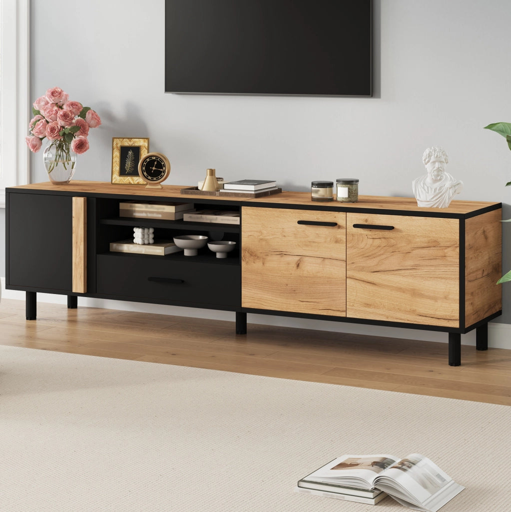 Mobile TV 180x32.5x50 cm con 3 ante; 1 cassetto e ripiano semichiuso in truciolare nero e naturale