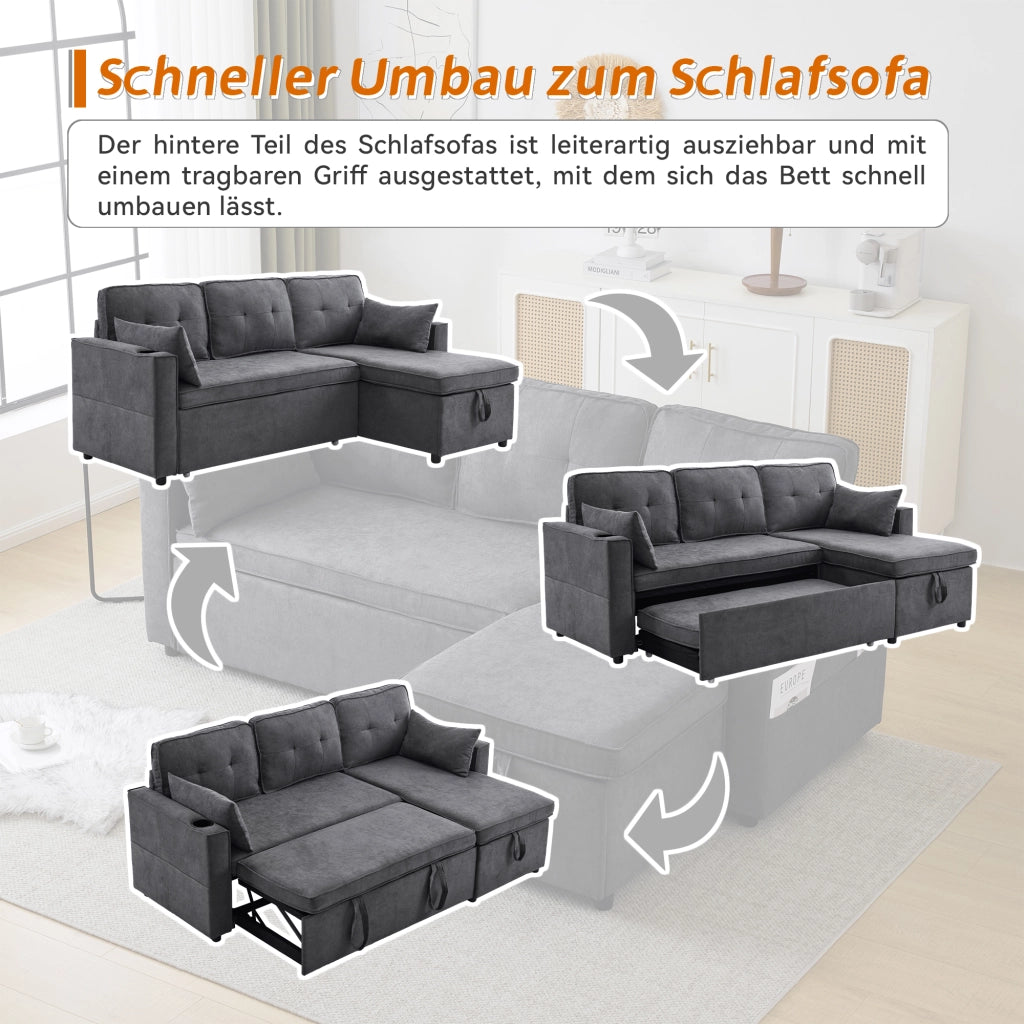 Divano Angolare Letto 3 Posti con Contenitore, Chaise Longue Reversibile, Tasche e Portabicchieri in Cotone Lino Grigio 211 × 130 × 86 cm