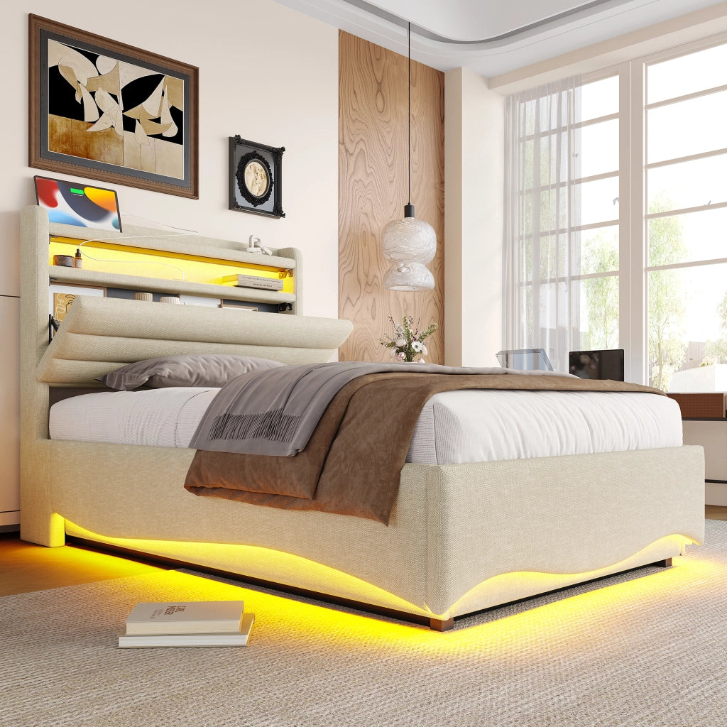 LETTO Contenitore 90x200 cm in lino beige con LED, USB e Type-C