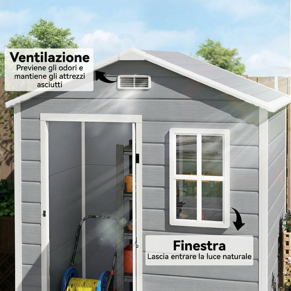 Capanno da Giardino 182x121x200 cm Box con Pavimento Finestra Porta con Serratura e Prese d'Aria in Plastica Grigio