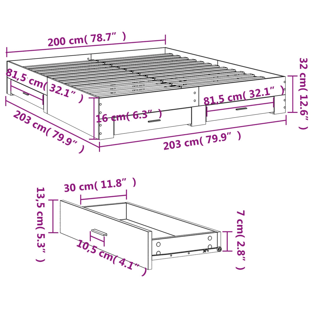 Letto matrimoniale | Letto per adulti | Giroletto Cassetti Grigio Sonoma 200x200 cm Legno Multistrato