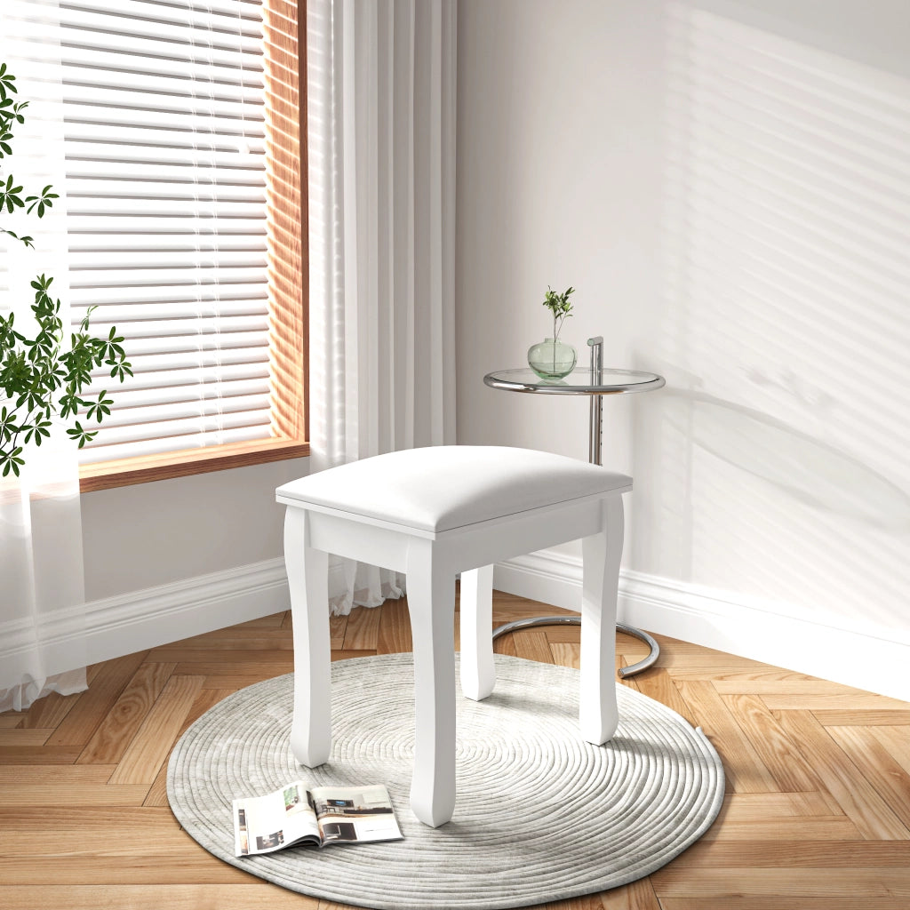 Pouf da camera Sgabello trucco con gambe in legno massiccio e piedini antiscivolo, Bianco
