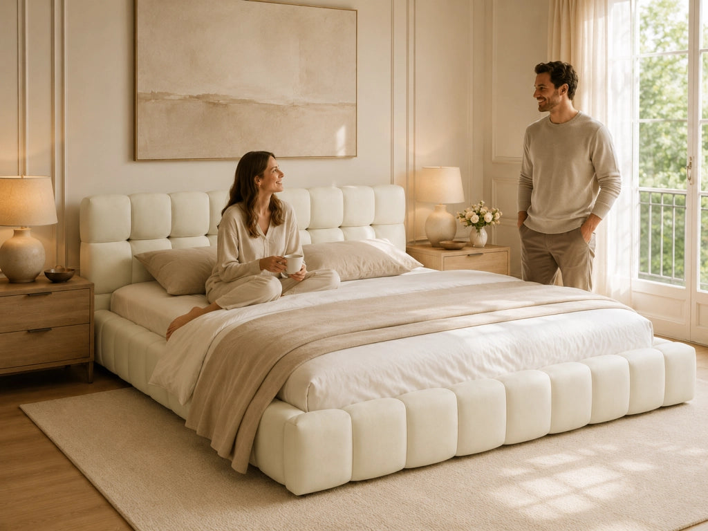 Letto matrimoniale imbottito lino beige 140x200 cm, testiera morbida a pannelli, struttura robusta, design moderno per camera da letto