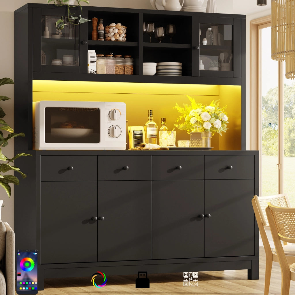 Credenza alta con 4 cassetti; ripiani regolabili e ante in vetro con LED RGB per cucina e soggiorno; 140×38.5×180 cm
