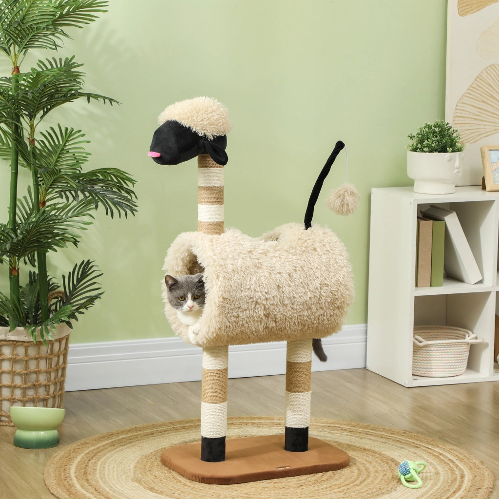 Tiragraffi per gatti con tunnel e giocattoli ¨C Minimal ¨C 98 cm, colore beige
