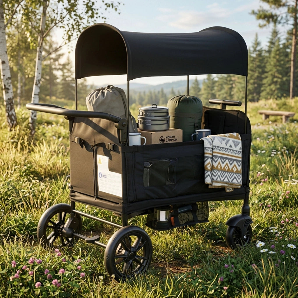 Carretto per bambini con sedile, carretto/passeggino pieghevole per 2 bambini, nero, maniglione imbottito regolabile in 8 posizioni, capottina parasol