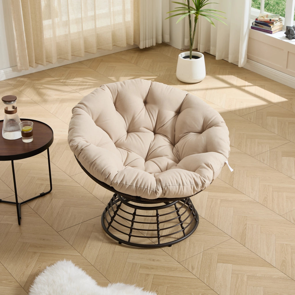 Chaise ergonomique confortable en osier papasan chaise int¨¦rieure ext¨¦rieure pivotante ¨¤ 360¡ã avec coussin ¨¦pais et doux id¨¦ale pour le salon la chambre la salle de lecture cadre marron avec coussin beige