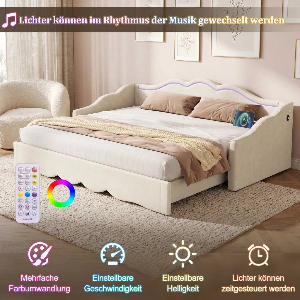 LETTO Estensibile 90x200 cm a 180x200 cm Velluto Beige con LED, USB e TYPE-C