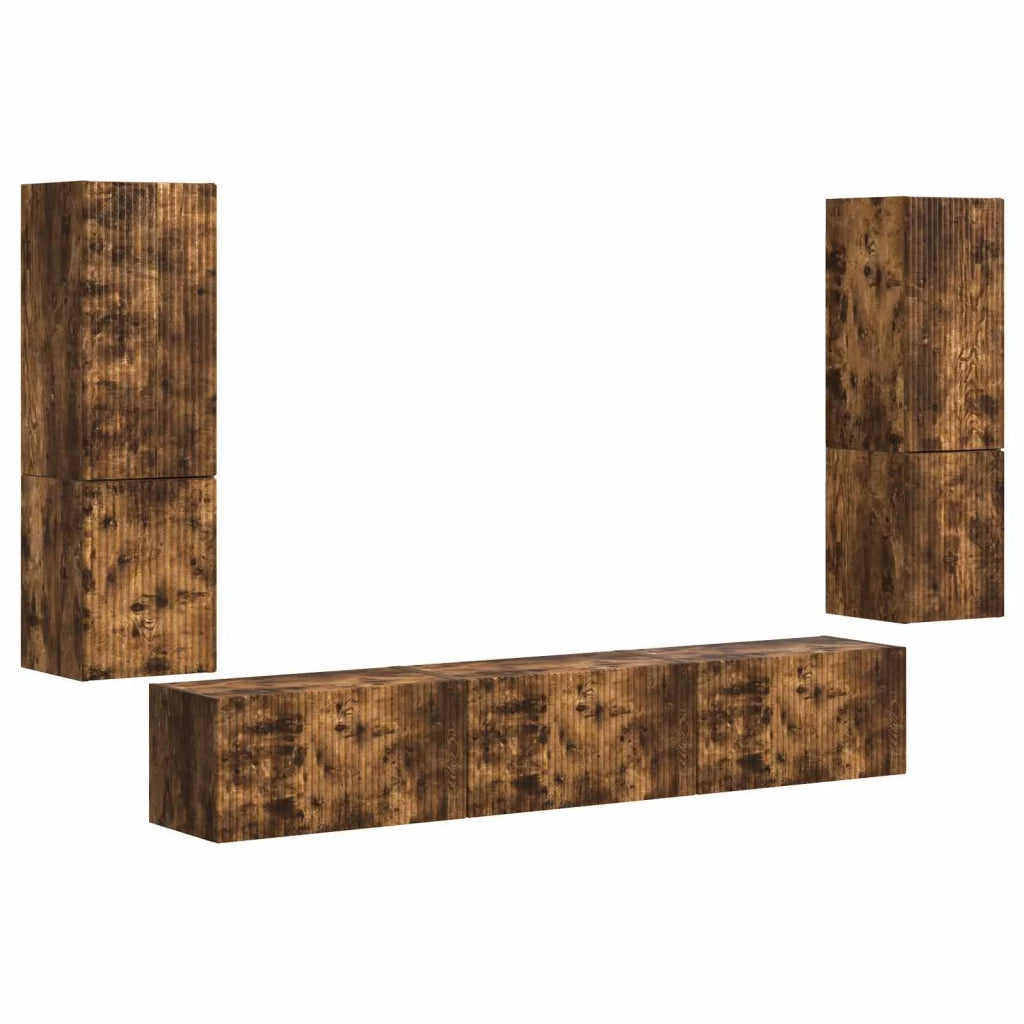 Set mobile TV 4 pz-Credenza per TV Rovere fum¨¦ Legno multistrato 584217