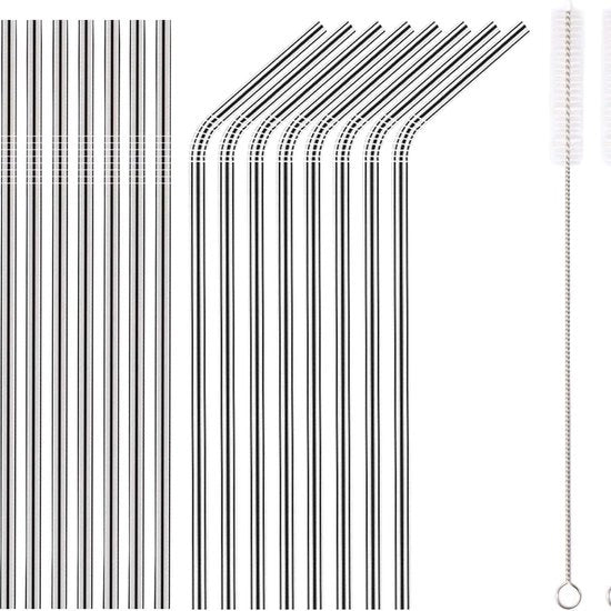 Set di Rietti in Acciaio Inossidabile da 18 pezzi - Set di Rietti Reutilizzabili da 8,5'' (8 Diritti/8 Curvi) con Borsa Portatile e 2 Spazzole di Pulizia