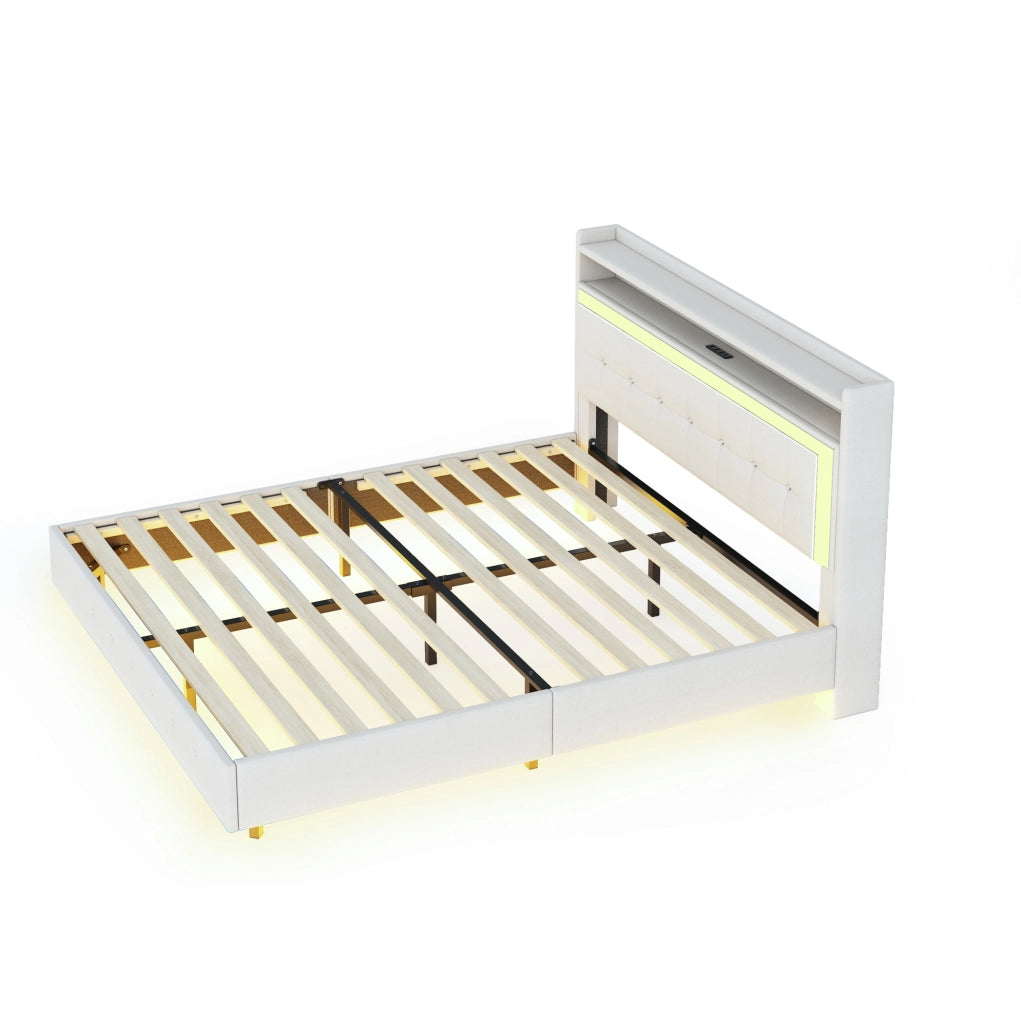 Letto matrimoniale imbottito 140x200 cm con USB e luci LED; lino beige