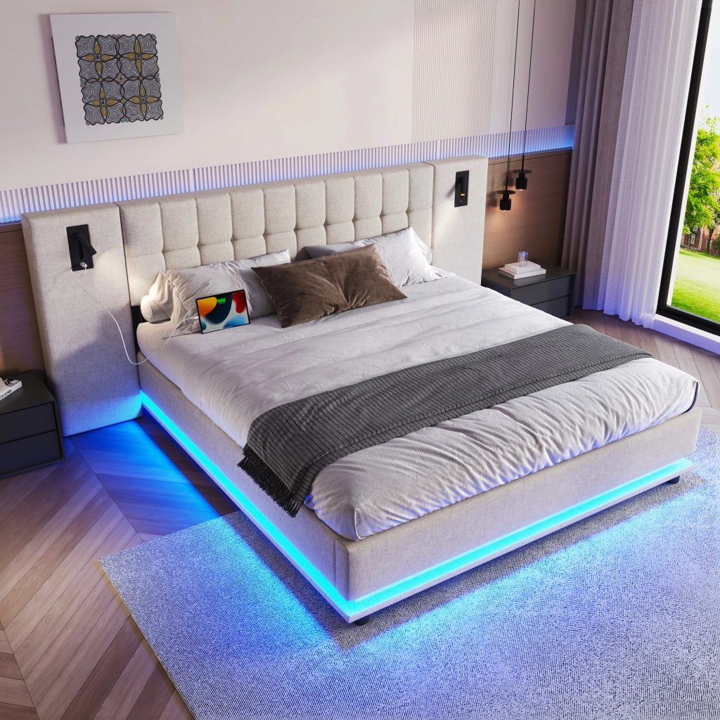 LETTO imbottito 180x200 cm Beige in lino con LED, USB e spot
