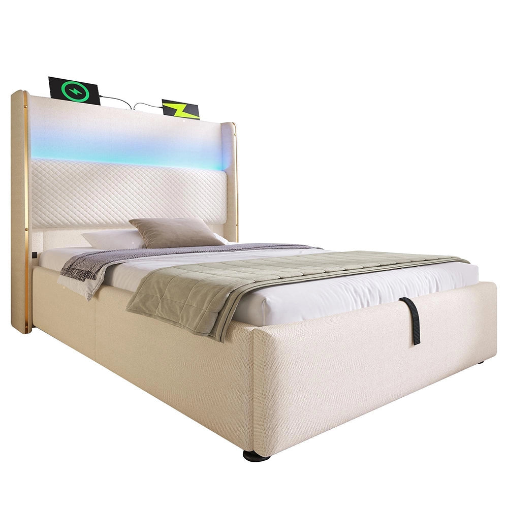 Letto 90x200cm?- Xylo - idraulico LED USB lino beige
