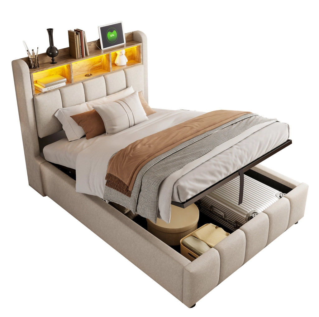 Letto imbottito 90x200 cm con LED, USB e vano contenitore