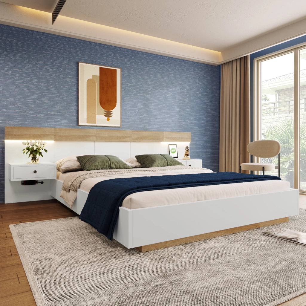 Letto Matrimoniale 160x200 cm; 2 Posti con 2 Comodini LED; USB e Type-C Bianco e Rovere