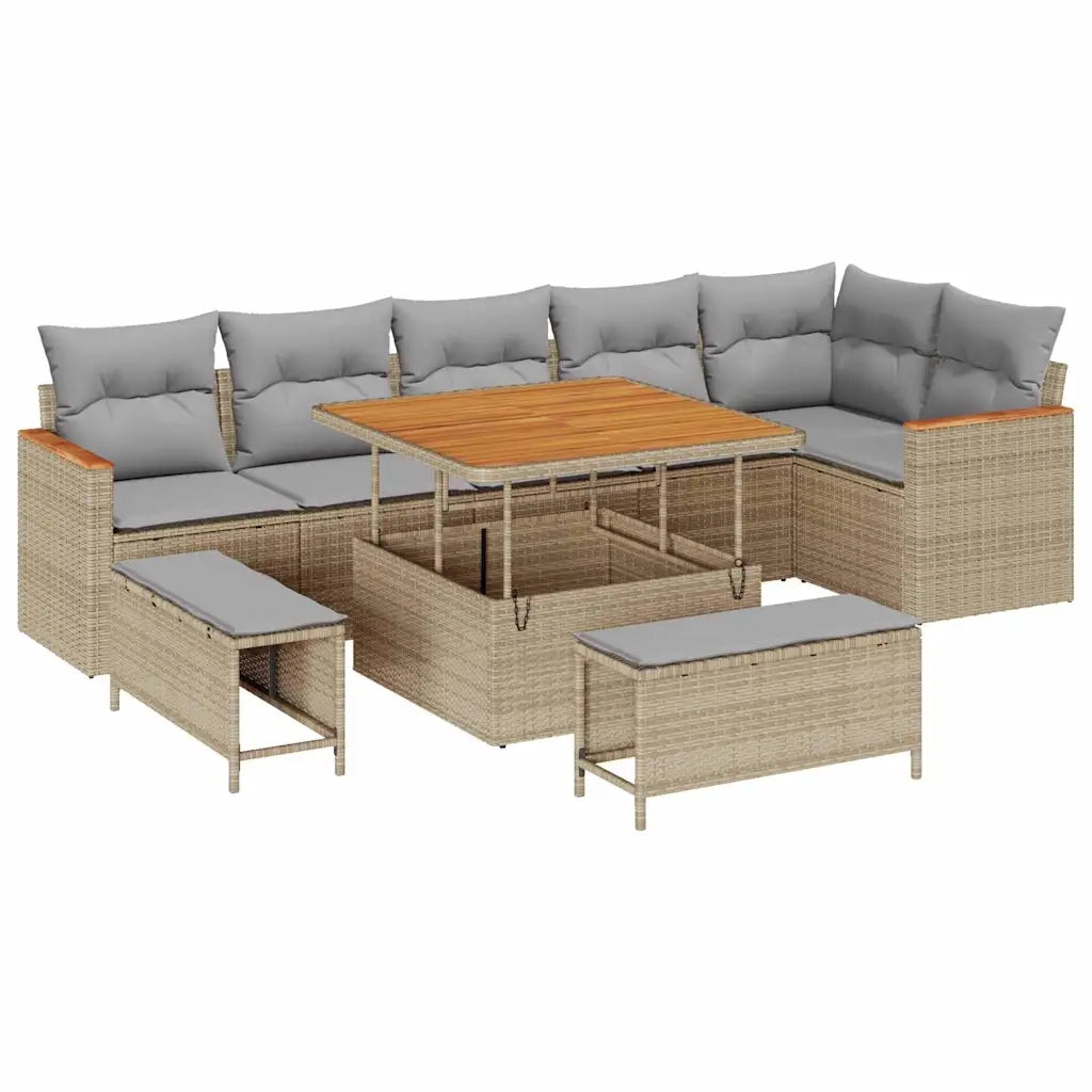 Set Divano da Giardino con cuscino 9 pcs Beige Poly Rattan