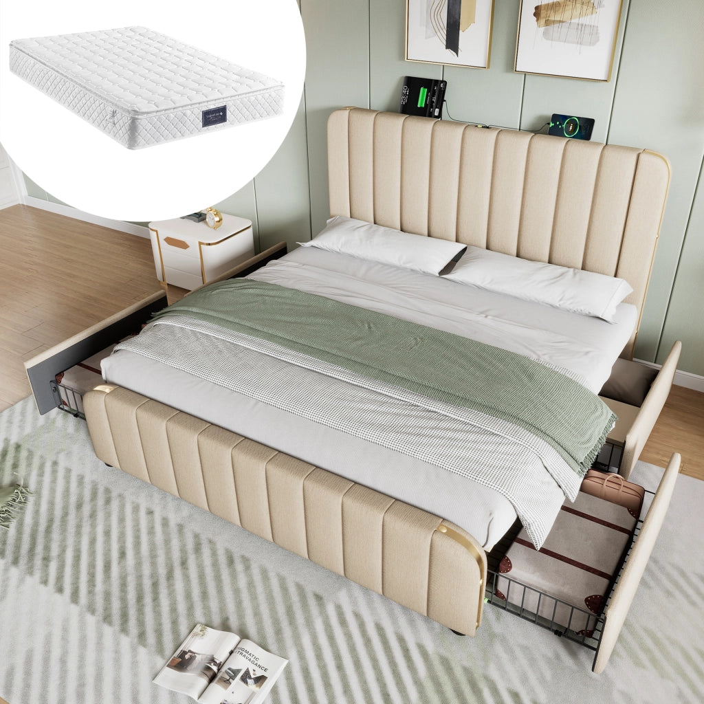 letto imbottito lino beige 140 x 200 cm