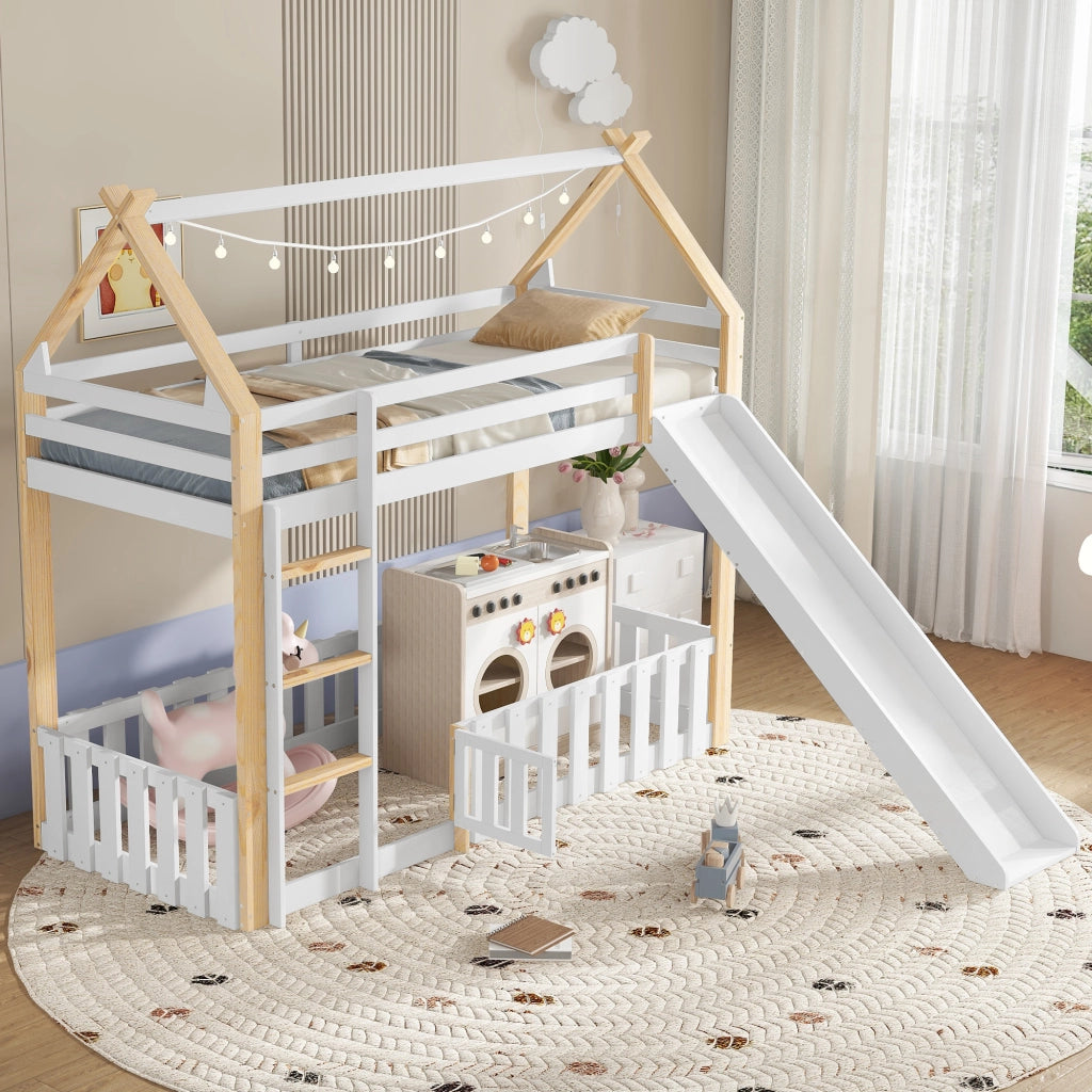 Letto a castello bambino 90×200 cm con scivolo; tetto e spazio libero; senza materasso; bianco naturale