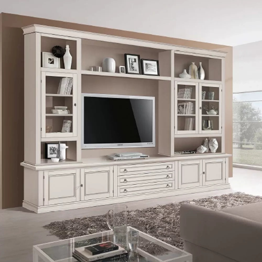 Parete attrezzata in legno shabby avorio anticato 286x50x227 - Mobili 2G