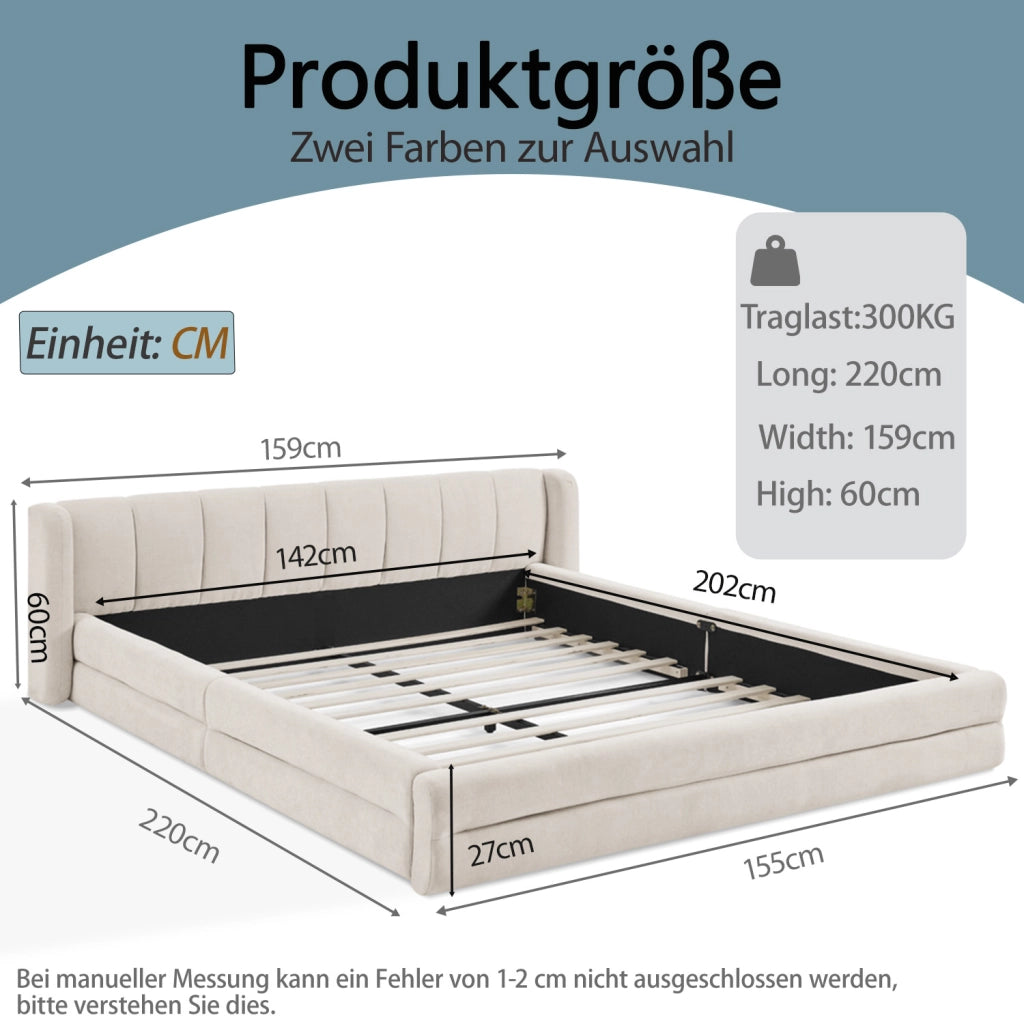 DESMIU Lit matrimoniale 140 × 200 cm con testiera imbottita, senza materasso, in ciniglia, beige
