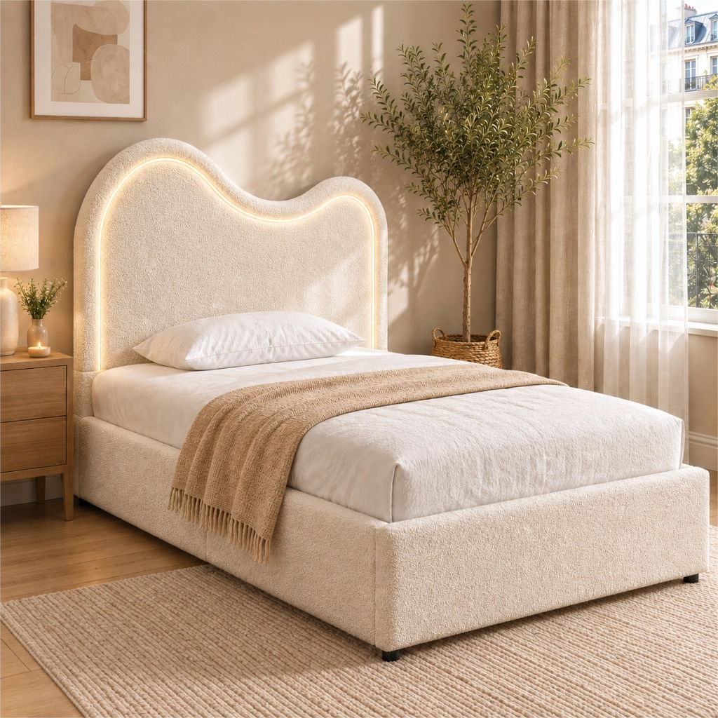 letto imbottito bouclé bianco 90 x 200 cm