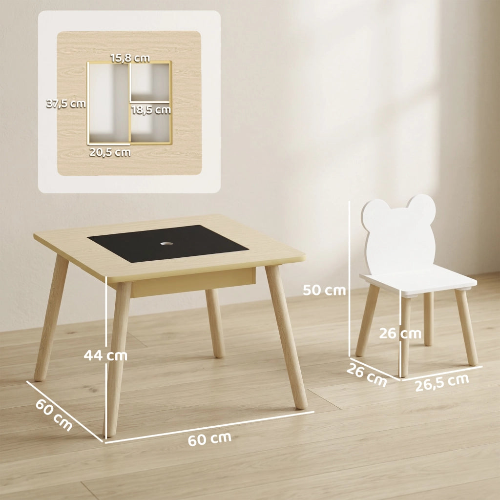 Tavolo da pranzo per bambini con 2 sedie e lavagna ¨C zephmum ¨C bianco e naturale 60x60x44 cm