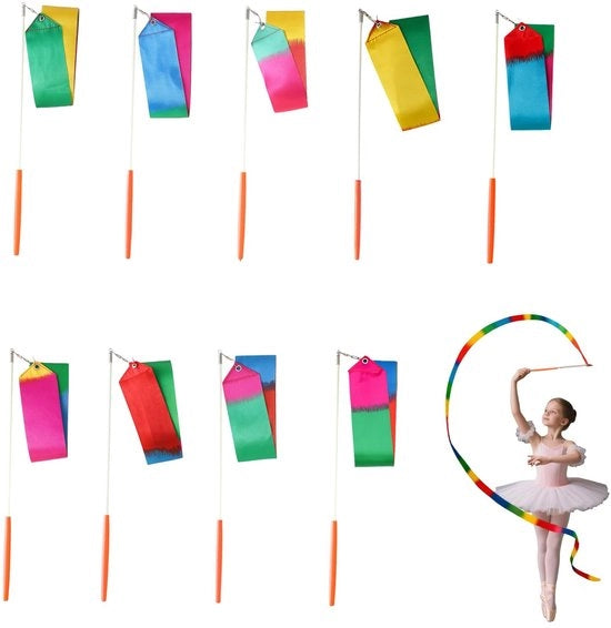 Set di 10 cinture elastiche per ginnastica ritmica - 2 m Vlampatroon - Cintura per ginnastica ritmica - Circo e danza per bambini - Manubrio 29 cm - Disegno multicolore