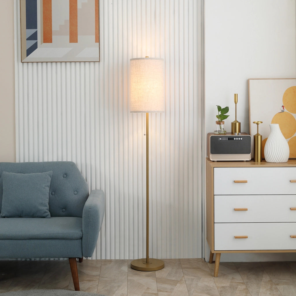 Lampada da terra elegante ¨C Xylo ¨C Acciaio con paralume in tessuto, interruttore a catena, oro e bianco
