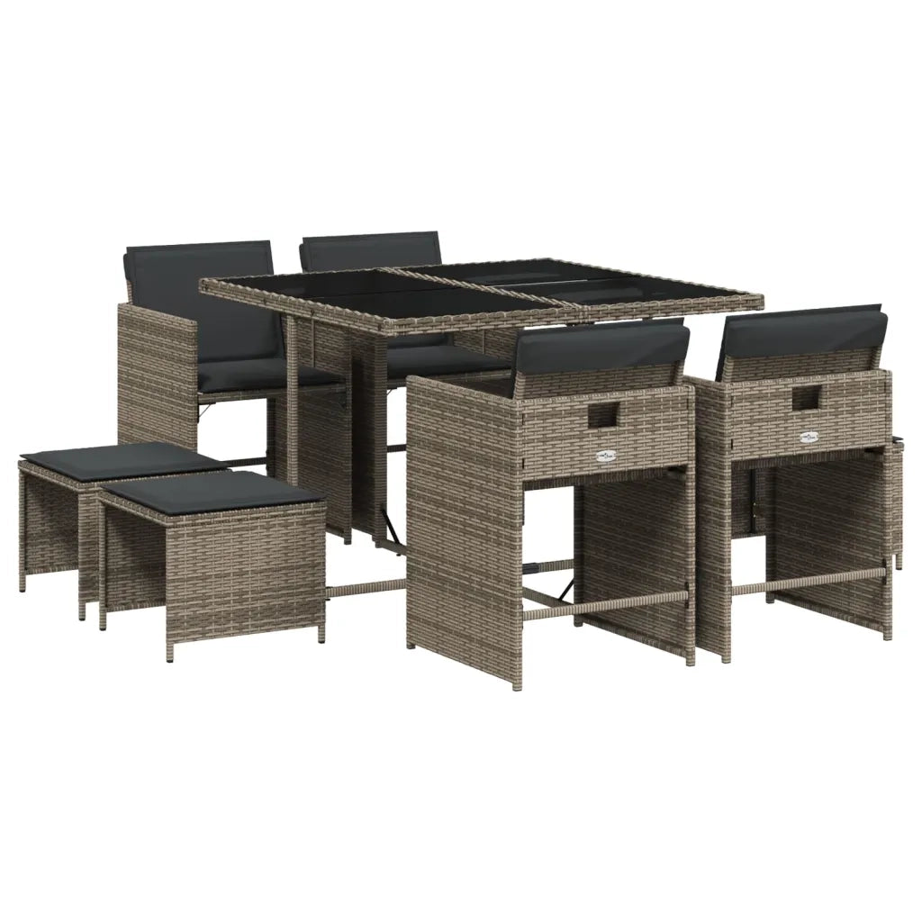 Set da Pranzo da Giardino 9 pz con Cuscini in Polyrattan Grigio