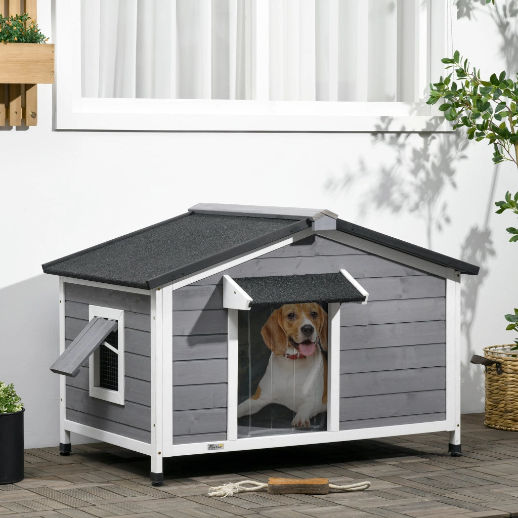 Cuccia per Cani in Legno Massello ¨C Xylo ¨C Tetto Impermeabile 109x79x72 cm Grigio Bianco