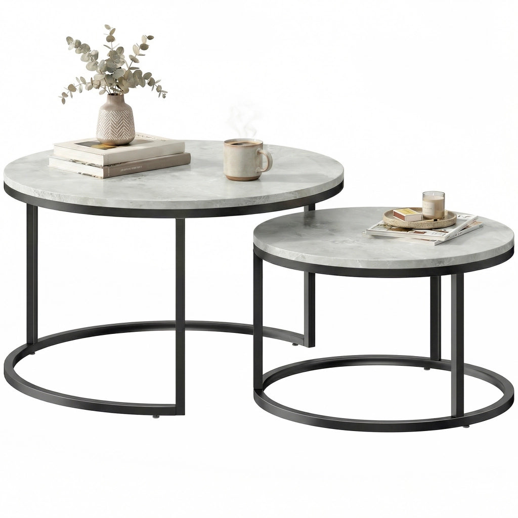 Tavolino da caff¨¨ rotondo effetto marmo ¨C Minimal ¨C 2 pezzi telaio metallo grigio