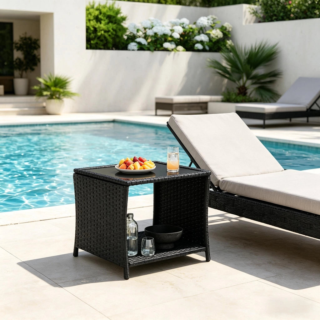 Tavolino da giardino in rattan; piccolo tavolino laterale; tavolo da patio con riposti; tavolino da caffè