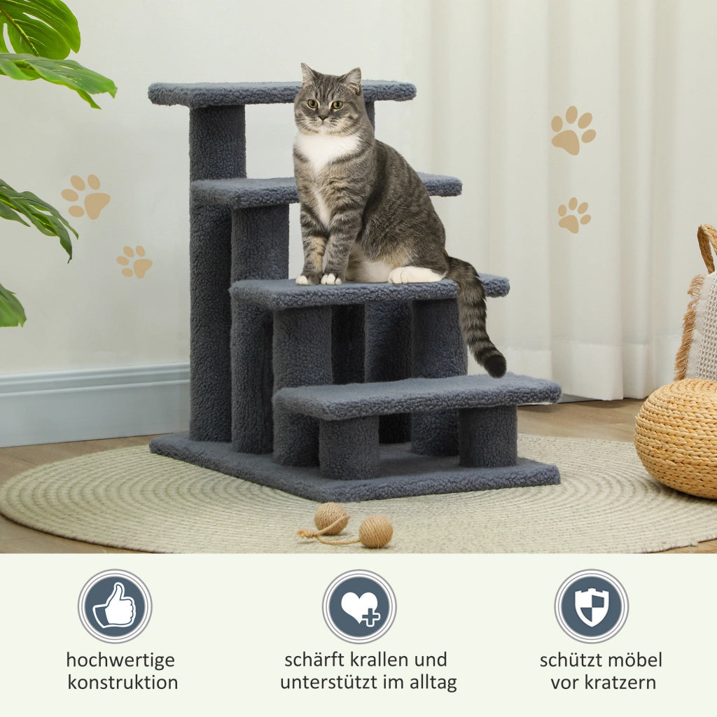Scaletta per animali domestici, scaletta per gatti, scaletta per cani, 4 gradini, grigia, 63,5x43x60 cm, per gatti e cani, ideale per animali anziani