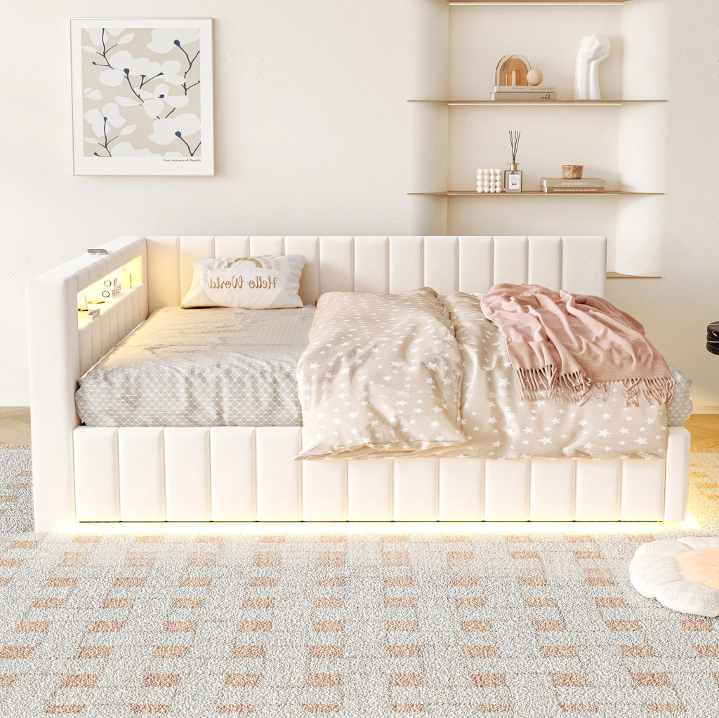 Letto imbottito 140x200 con contenitore idraulico, LED e USB beige