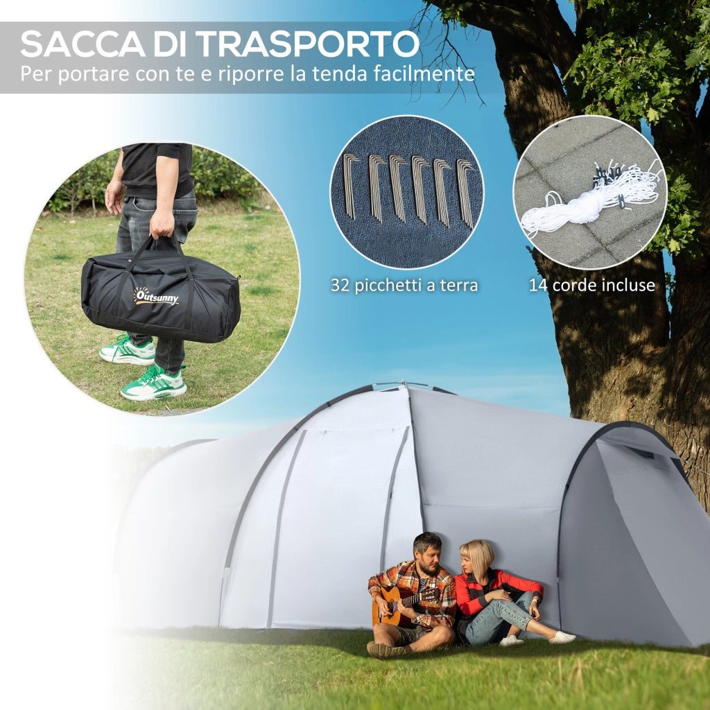 Tenda da Campeggio 5 Posti con 2 Camere Impermeabile con Baldacchino, 590x245x193 cm, Grigio