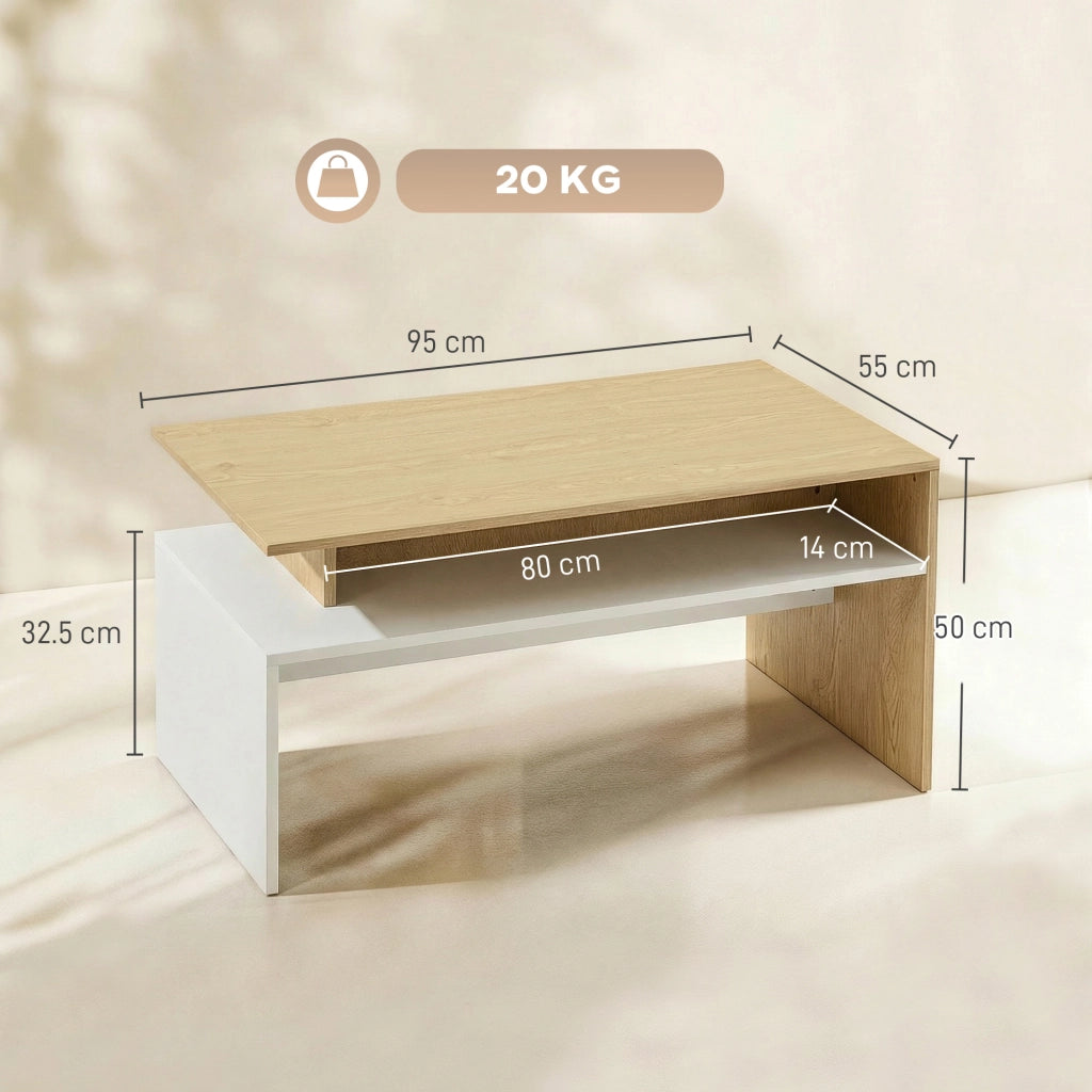 Tavolino da Salotto Bicolore con Mensola Asimmetrica ¨C zephmum ¨C Legno Naturale e Bianco 95x55x50 cm