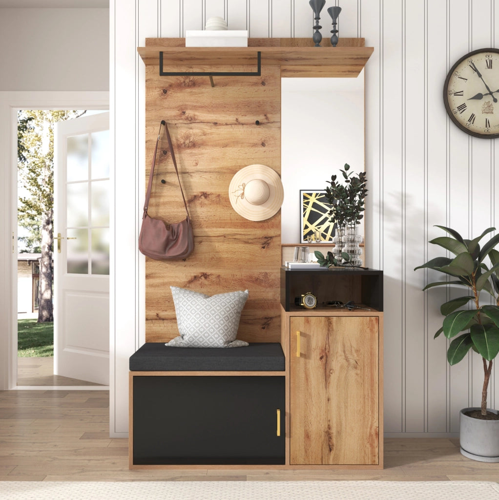 Set da ingresso 105x40x191.5 cm con specchio e panca portascarpe in MDF e truciolato nero e naturale