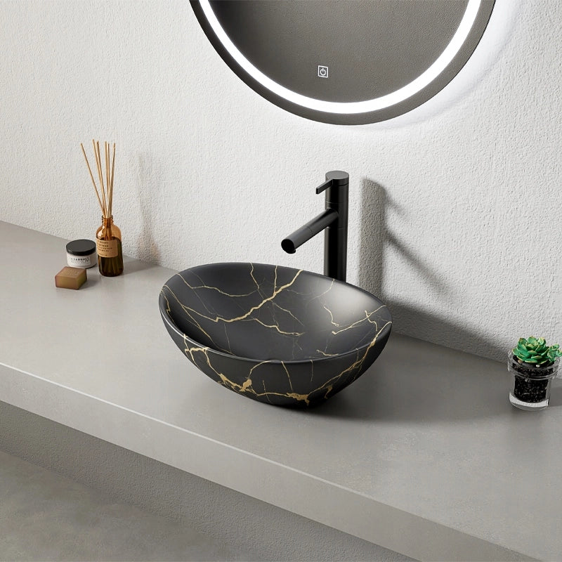 Lavabo ovale da appoggio in ceramica nero opaco con venature effetto marmo, 41 x 34,5 cm