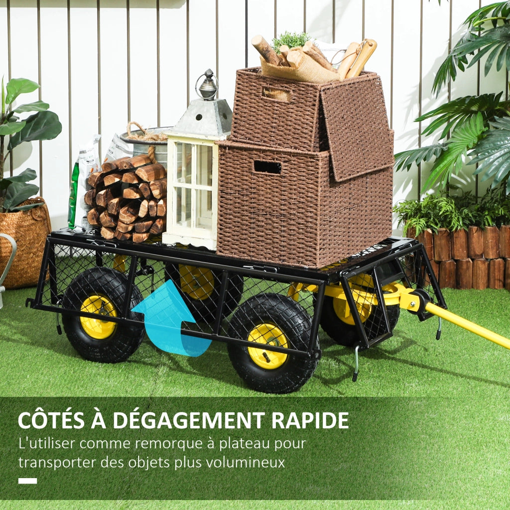 Carrello da giardino 4 ruote - Xylo - trasformabile con sponde rimovibili 104x54x51cm nero giallo