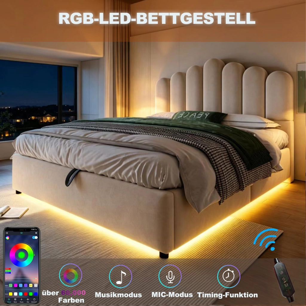 DESMIU Letto contenitore 140 × 200 cm 2 posti con LED e vano idraulico, senza materasso, in velluto, beige