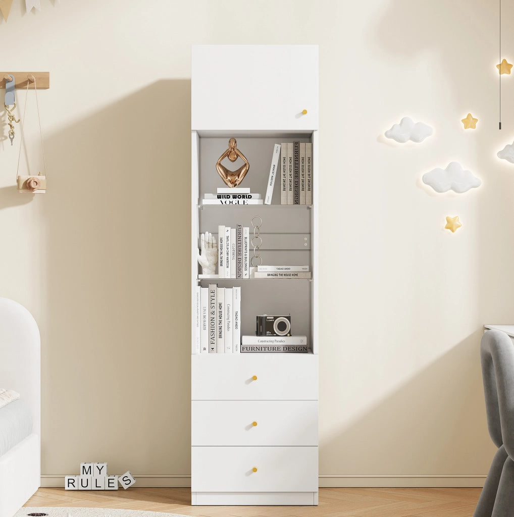 Vetrina alta bianca 50x40x180 cm in MDF e vetro con ripiani regolabili e 3 cassetti