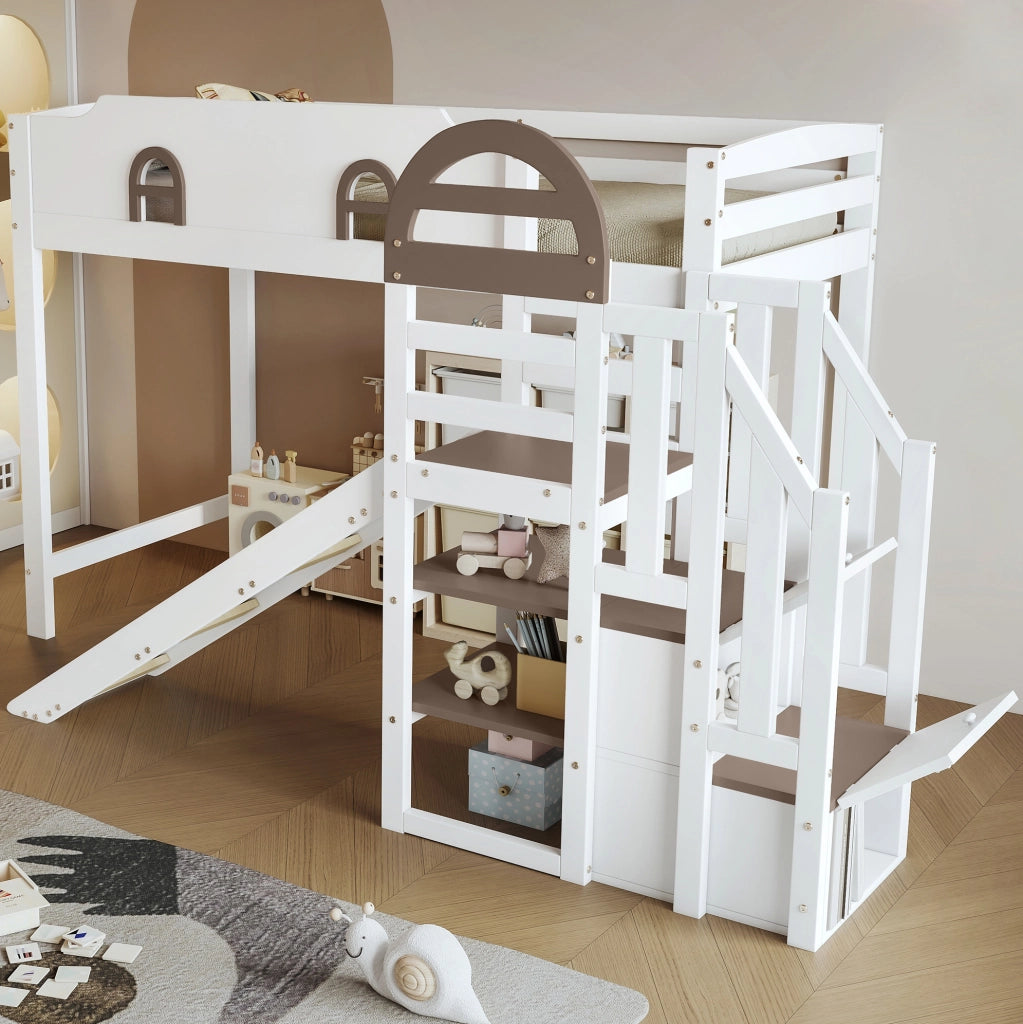 Letto a castello con scivolo, finestra decorativa e scala contenitore