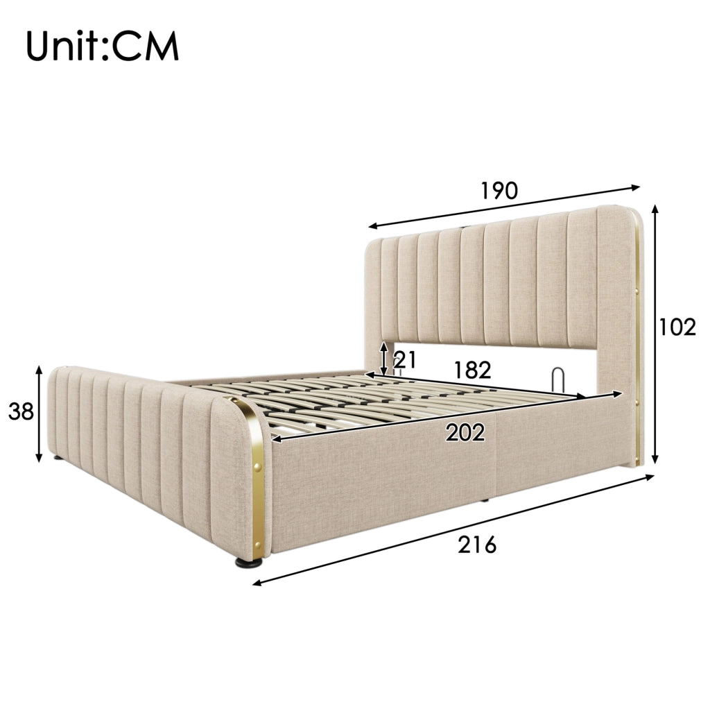 Letto matrimoniale imbottito con contenitore, USB Type-C e struttura in lino beige