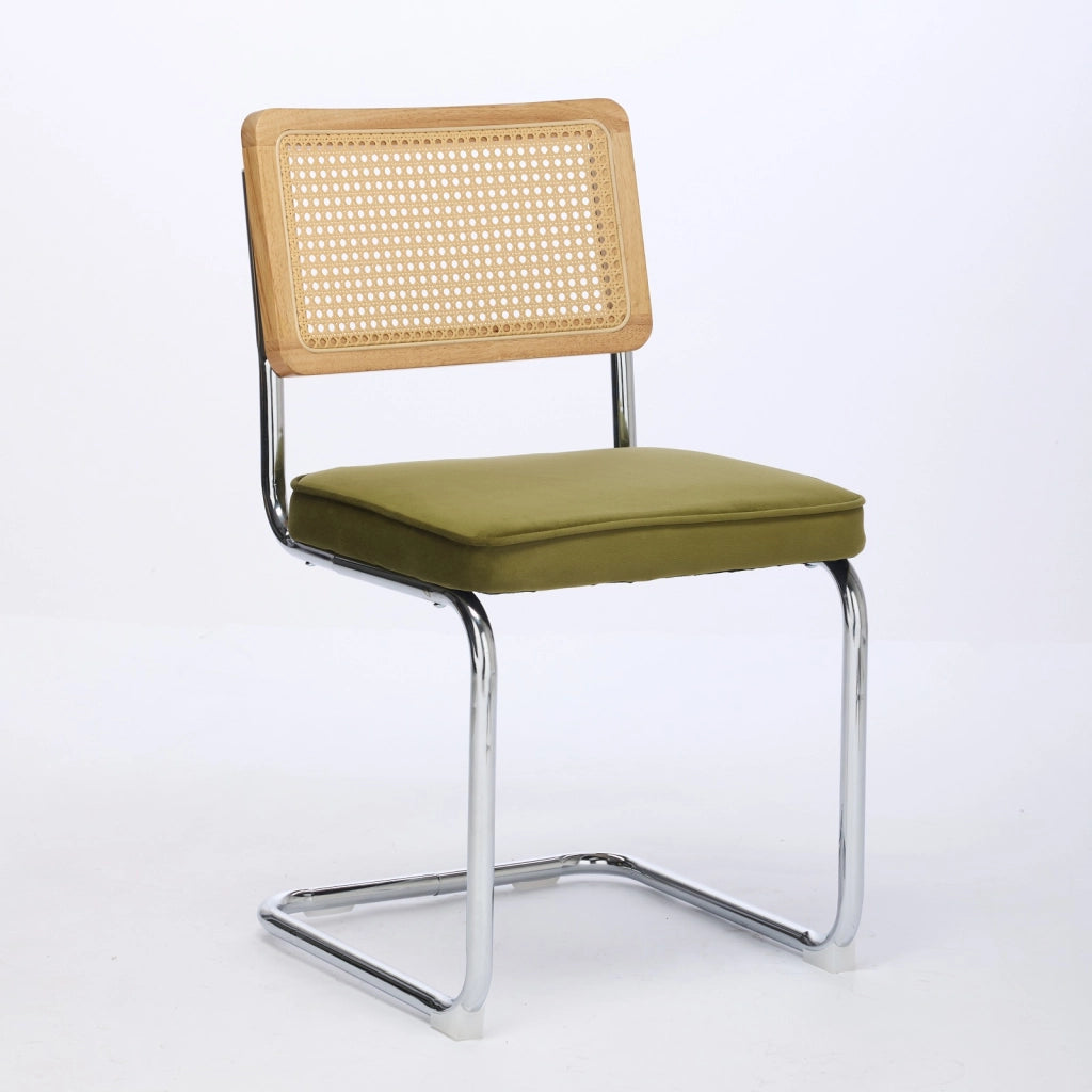 Set 2 Sedie da Pranzo in Velluto con Schienale in Rattan ¨C Xylo ¨C Verde, Gambe Cromate