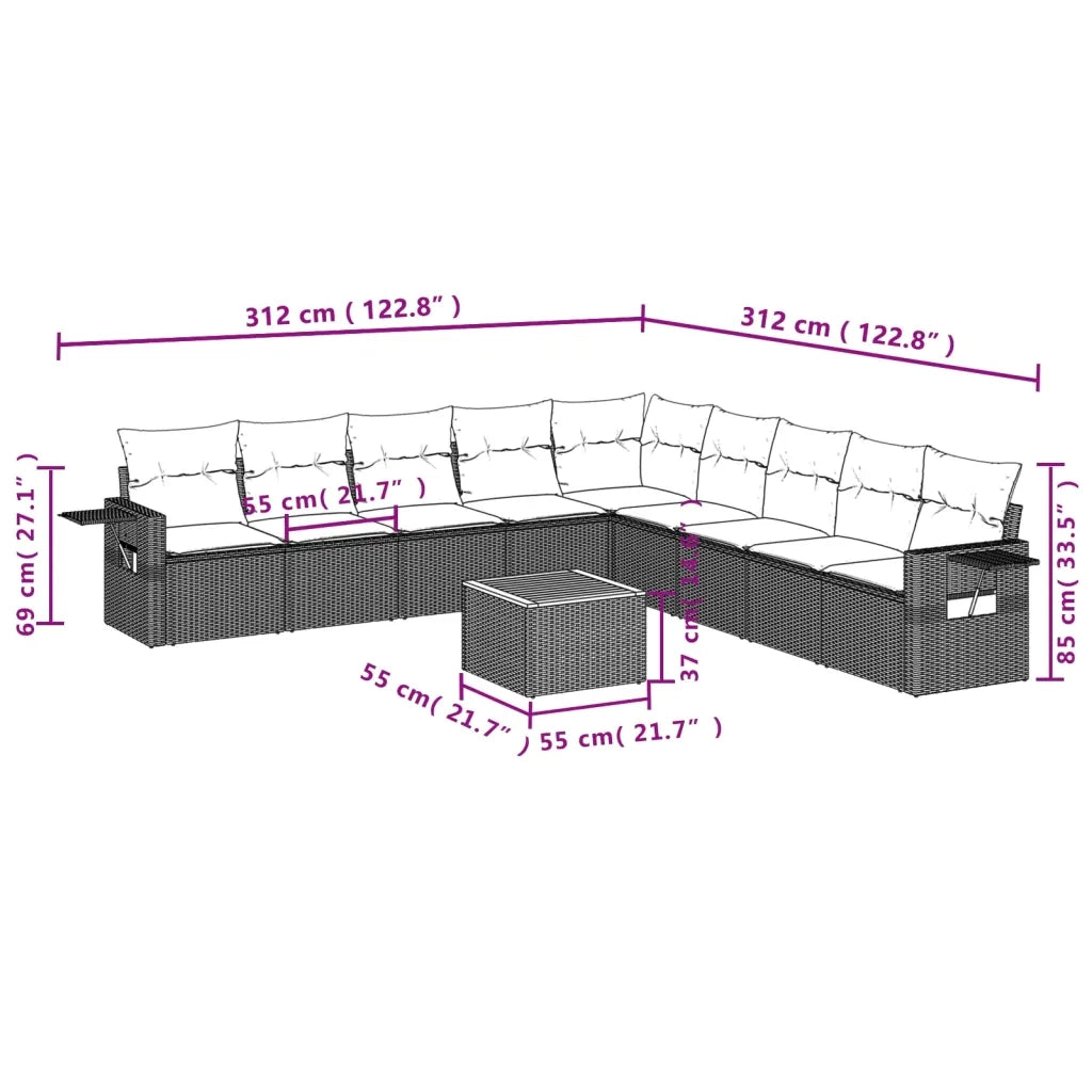 Set Divani da Giardino 10pz con Cuscini in Polyrattan Nero