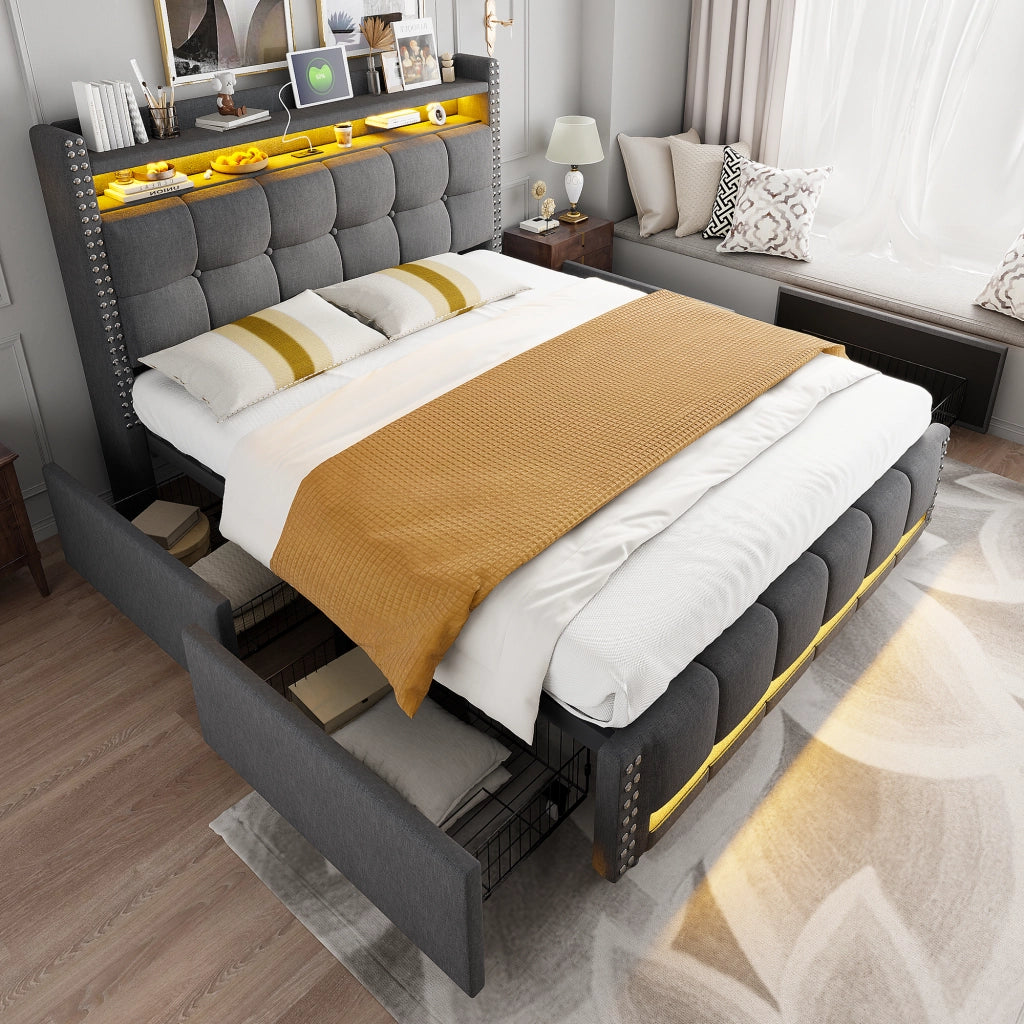 LETTO Imbottito matrimoniale 140x200 cm grigio con LED, USB e cassetti
