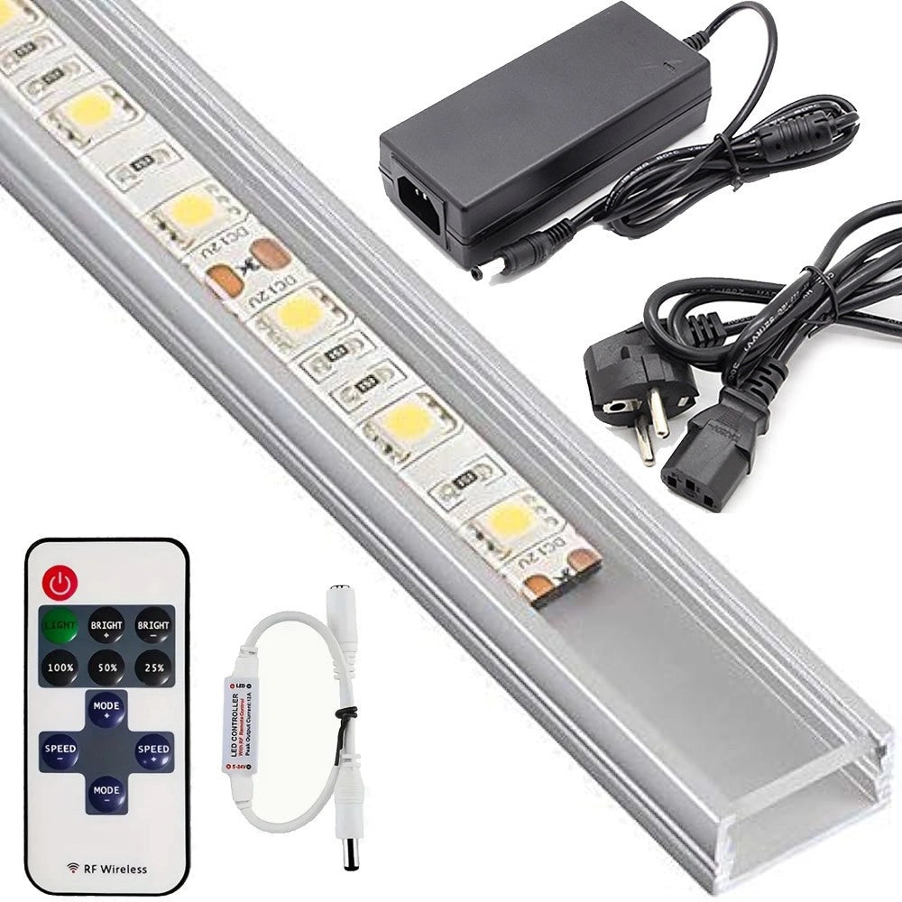 Trade Shop - Profilo Barra Alluminio Impermeabile 1 Metro A 72 Led + Alimentatore + Dimmer - -bianco Freddo -smd 7020-copertura Opaca    -