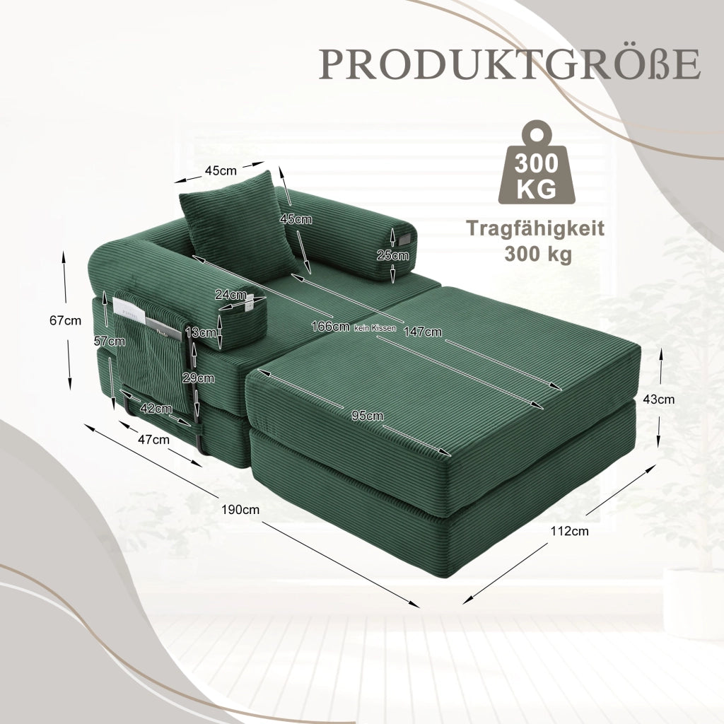 Divano modulare velluto a coste verde con pouf, cuscino e tasca laterale