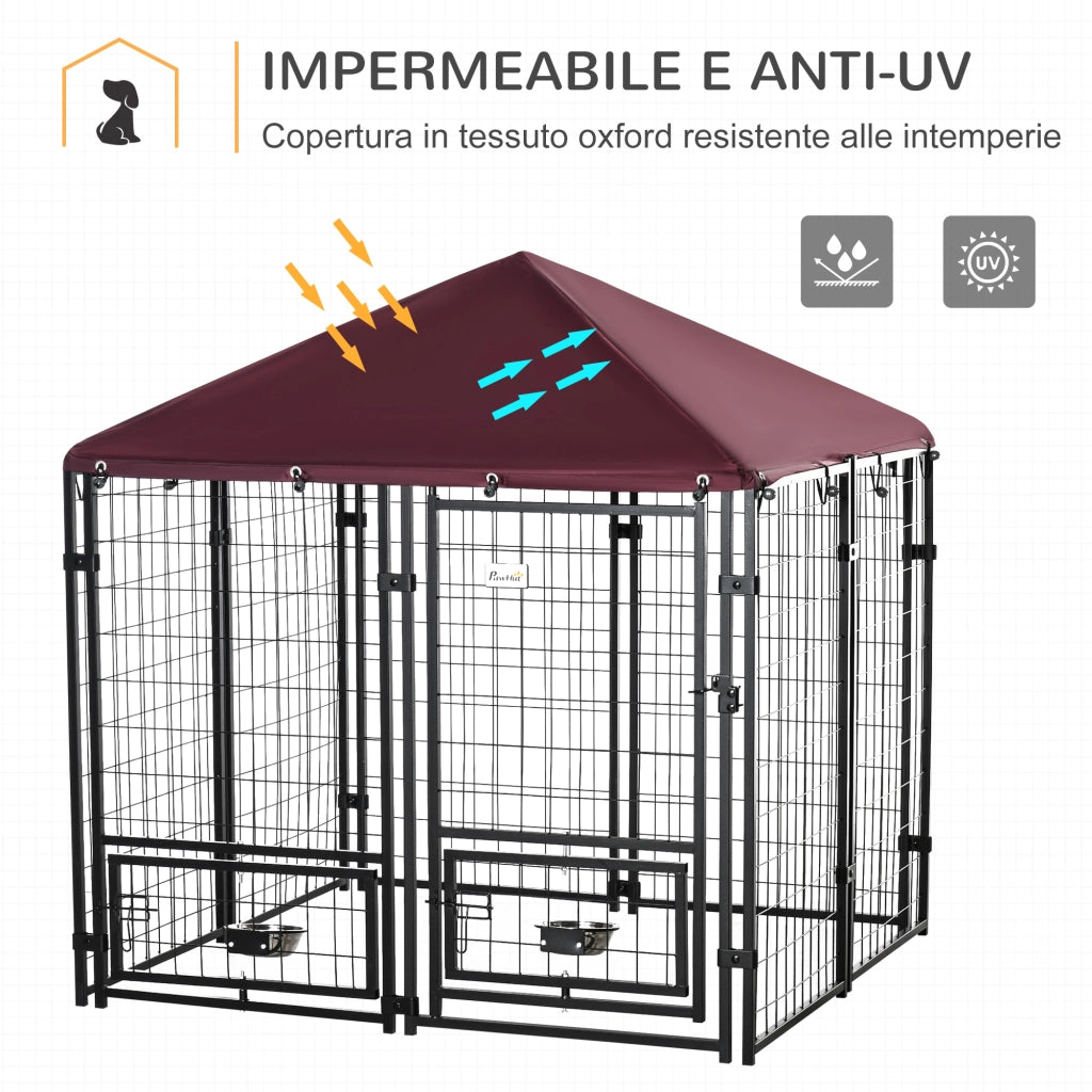 Recinto per Cani da Esterno ¨C Zephmum ¨C Nero e Rosso in Acciaio con Copertura